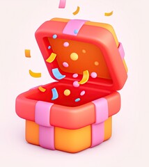  High-definition 3D rendering of an open gift box with a ribbon, surrounded by confetti, in a vibrant red and pink color palette, cartoon style, isolated on white.  