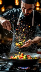Chef Preparing Colorful Vegetable Stir Fry in Wok with Flying Ingredients Over Blazing Flame