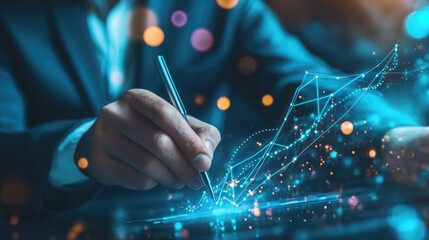 Businessman in a dark suit drawing an upward graph with a digital pen against a blurred background featuring glowing bokeh lights and significant empty space for text.