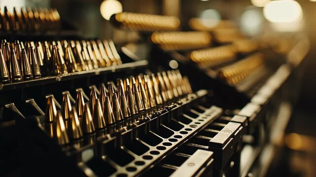 Metal bullets lined up in a factory setting during production process