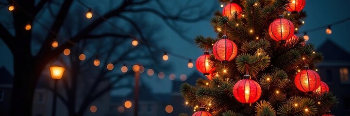 Obraz premium Festive lanterns hanging from a towering Christmas tree, sparkling garlands, towering tree, joyful glow