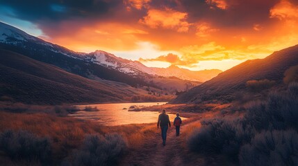 Mountain Sunset Walk With Mother And Child