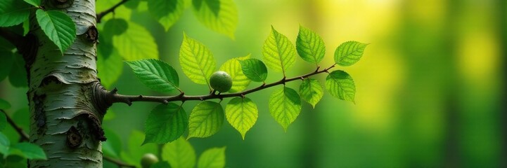 Overgrown birch branch with lush green leaves and seed pods, trees, autumn, seed pod