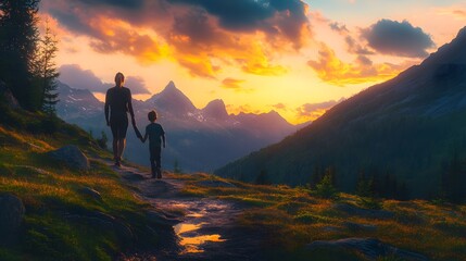 Fototapeta premium Mother and Son Hiking at Sunset in Mountains