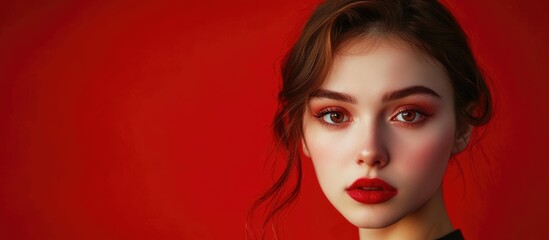 Fototapeta premium Fashion portrait of a young woman with large eyes and bold red lips against a vibrant red background, featuring ample empty space for text.