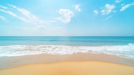 Fototapeta premium Beach Summer Celebration with Clear Blue Sky and Calm Ocean Waves, Soft Sandy Shore with Expansive Copy Space for Text, Warm Light, Horizontal Perspective