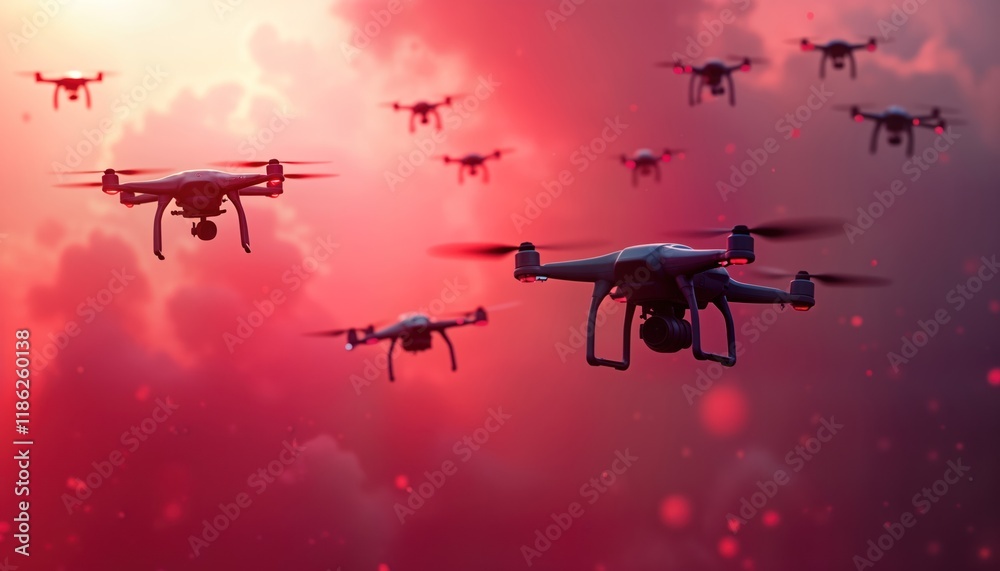 Poster futuristic scene of many drones flying in dramatic pink, red smoky sky. fast movement, aerial view o
