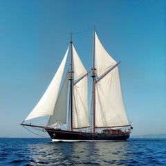 Beautiful sailing ship with white sails glides over calm blue sea. Old style wooden ship on open water. Classic vessel with dark hull moves across deep blue water. Sunny day, clear sky above.