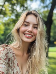 Naklejka premium Smiling blonde female model capturing selfie in lush green park, cheerful expression, trendy outfit, soft natural light, blurred background ambiance.