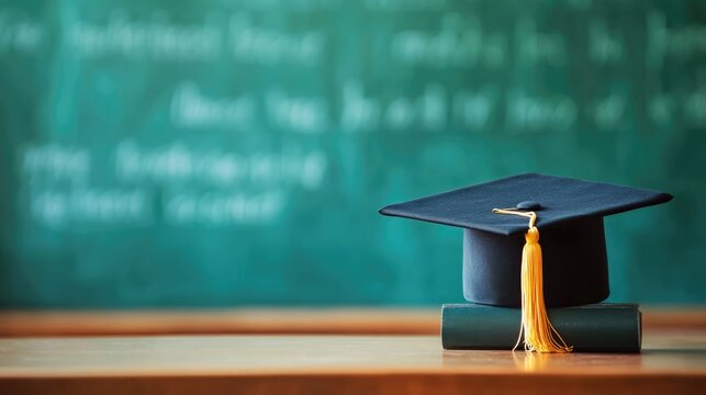 Graduation cap with tassel resting on stacked books on wooden desk with blurred green chalkboard background for online education concept in warm tones.