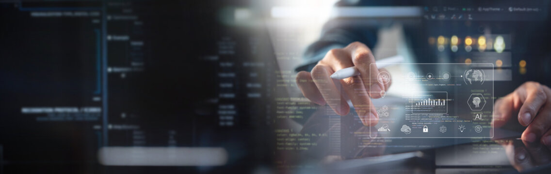 Data science and engineering. Computer programmer using digital tablet analyzing big data and cloud computing. Algorithm and AI deep learning, digital technology, data analytics concept - Powered by Adobe