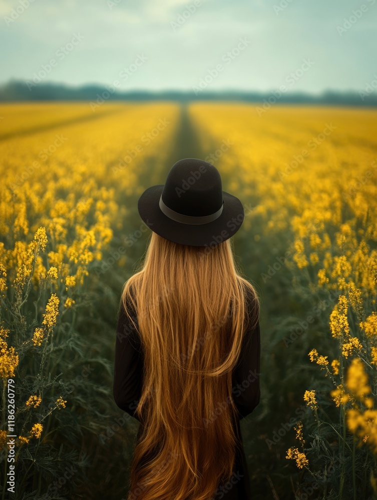 Wall mural Girl with long hair wearing black hat standing in vibrant yellow rapeseed field under sunny sky with expansive empty copyspace behind her