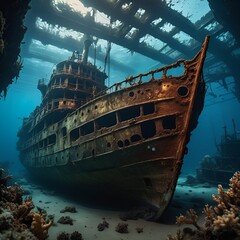 A captivating photograph of a land-based vehicle, now submerged beneath the sea, overtaken by aquatic life. 
