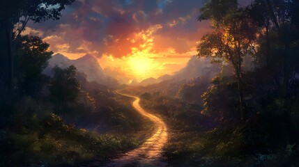 Fototapeta premium Serene Sunset Pathway Through Lush Mountain Forest