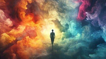 Silhouette of a person walking towards the light in a colorful abstract background.