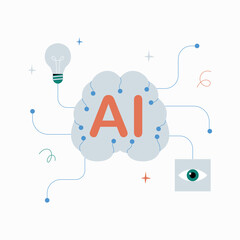 AI brain in flat vector illustration symbolizing artificial intelligence, innovation, and data processing, isolated on white background.