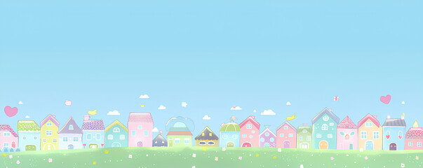 Obraz premium cute cartoon cityscape with buildings and green grass on the horizon, a clear blue sky, a simple flat illustration style, colorful, children's book artwork