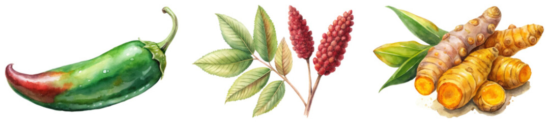 Vibrant watercolor illustrations, fresh chili pepper, herbal leaves, turmeric roots, natural food elements.