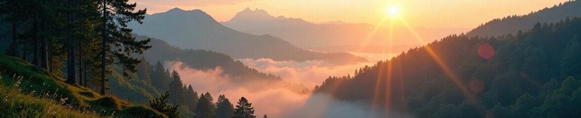 Fototapeta premium Misty morning on the Tatra Mountains, with sunlight peeking through trees, mist, sunrise, forest