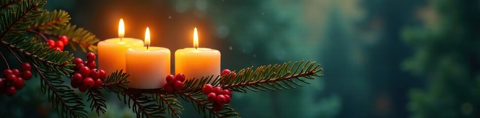 The warm light of three lit candles shines through a fragrant pine branch with clusters of ripe berries, candle, forest