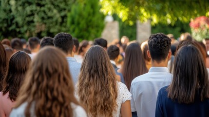 Diverse crowd of young adults gathered outdoors for social event