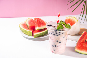 Watermelon boba balls bubble tea cocktail