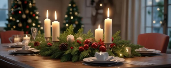 A beautifully decorated Christmas Eve table setting with candles, ornaments, and a vase of evergreen branches, festive centerpiece, winter floral arrangement, sparkling ornaments