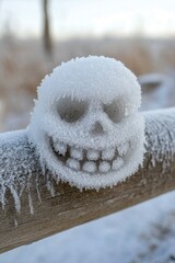 Hell is Freezing Over Day Frost-covered skull on wooden fence in wintery landscape