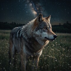 Obraz premium A wolf is a large, carnivorous mammal belonging to the family Canidae and scientifically known as Canis lupus. Wolves are apex predators and are known for their strength, intelligence,.
