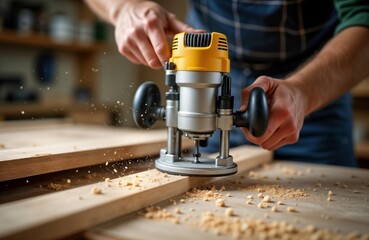 Man works in carpentry shop. Uses router to mill wood. Sawdust flies in air. Wooden planks on table. Focus on worker, process. Setting suggests woodworking workshop. Production custom furniture