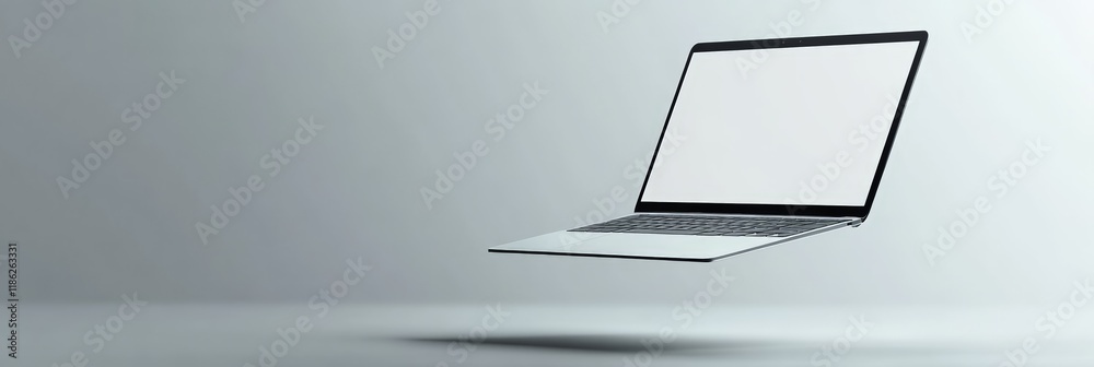 Aufkleber modern silver laptop featuring a blank screen, floating gracefully in studio lighting, ideal for dis