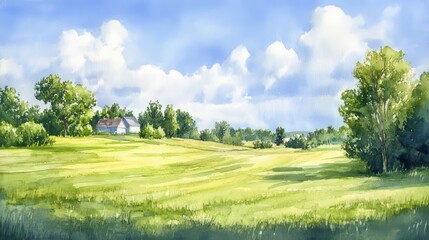 Obraz premium Scenic watercolor lawn with bright colors, calm weather, and serene rural beauty