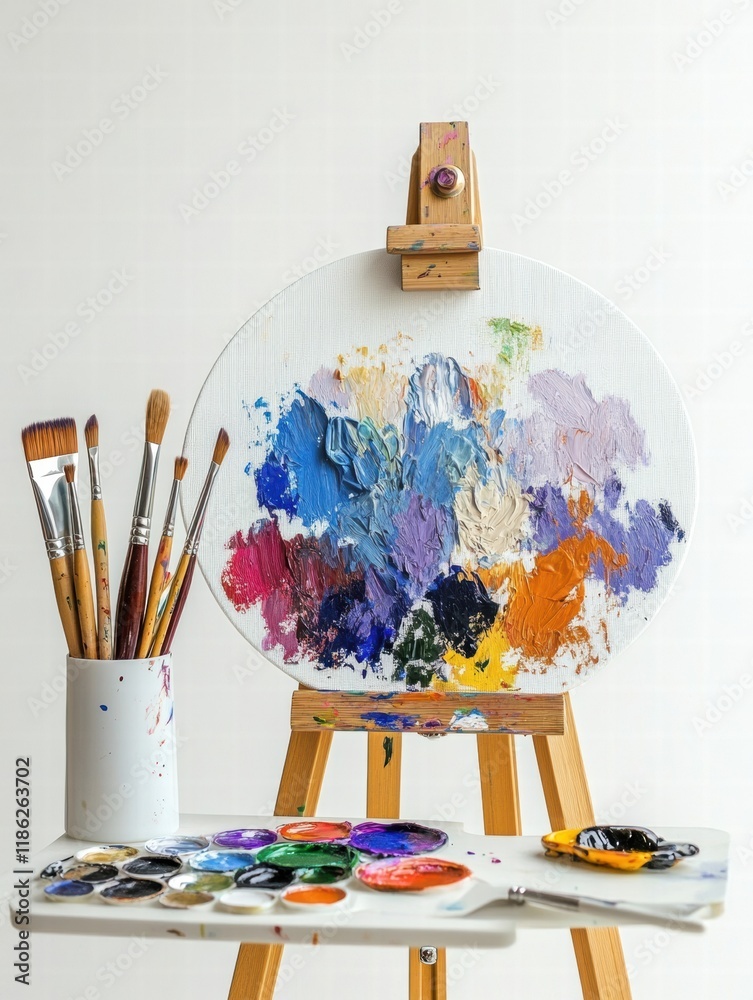 Poster artistic workspace filled with creativity, featuring a colorful paint palette and brushes on an ease