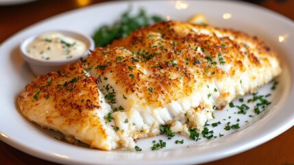 Delicious baked haddock fillet topped with herbs and served with tartar sauce