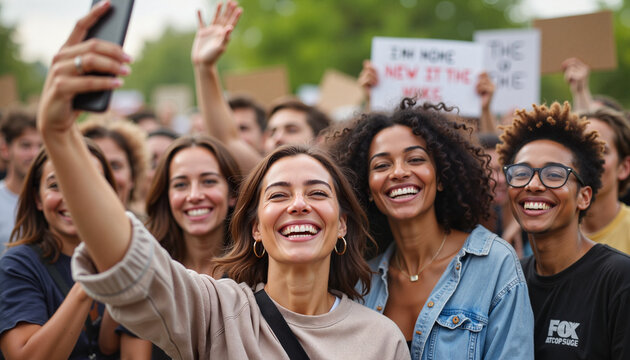 Diverse activists smiling together in group selfie, protest spirit