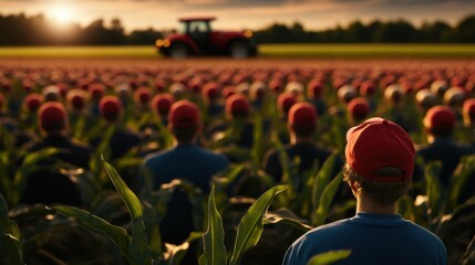 Agricultural workforce in field with red hats at sunset National FFA Week