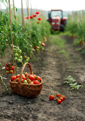 A serene rural landscape showcasing a tomato plantation with plants tied to wooden stakes. A wicker basket filled with freshly picked red tomatoes rests on the earthy soil in the foreground. 