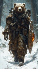 Fototapeta premium Illustration - Brave Bear Warrior in Snowy Forest