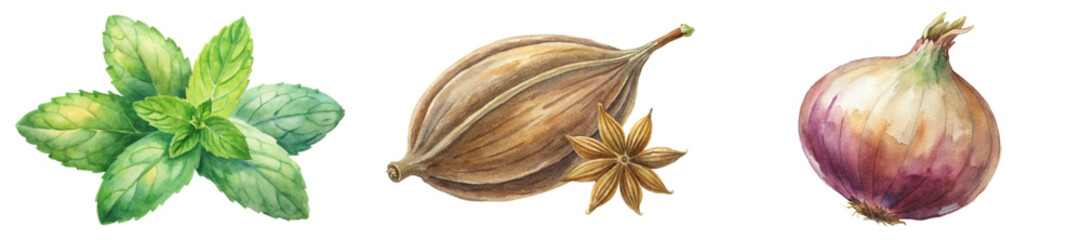 Fresh herbs illustration, watercolor style, culinary ingredients, vibrant colors, natural textures, food design, kitchen decor.