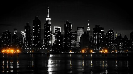 Fototapeta premium A monochrome city skyline at night with illuminated buildings and reflections on the water.