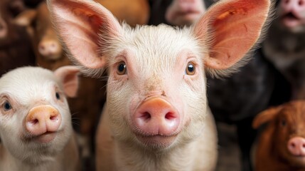 Fototapeta premium Close-up of curious piglet in a farm setting surrounded by other pigs National Justice for Animals Week