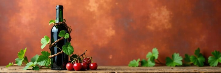 Vine-entwined bottle against terracotta backdrop, wine country, vineyard, earthy