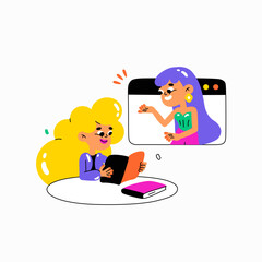 Two girls on a virtual call in flat vector illustration symbolizing remote learning, collaboration, and online communication, isolated on white background.