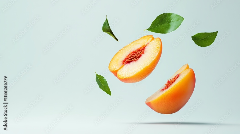 Poster Two peach halves and some leaves are levitating on a light blue minimalist background, creating a visually appealing scene with vibrant colors and a sense of freshness