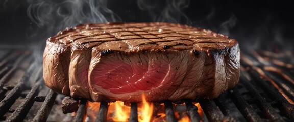 Obraz premium A juicy steak on the grill with gentle smoke signals, savory aroma, caramelized crust