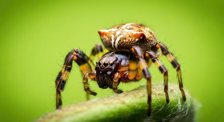 Fototapeta premium Close-up of a spider perched on a green leaf, showcasing intricate details