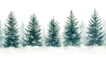 Obraz premium Snowy evergreen trees in a serene winter landscape with soft snowfall