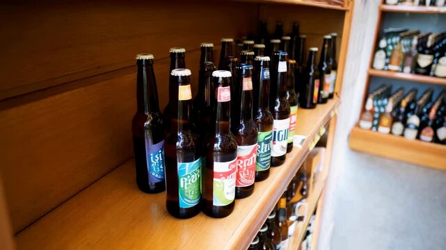 Diverse craft beer bottles in a bar shelf display