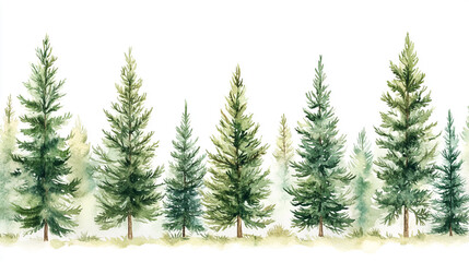 Obraz premium Beautiful watercolor illustration of evergreen trees lined on a serene landscape