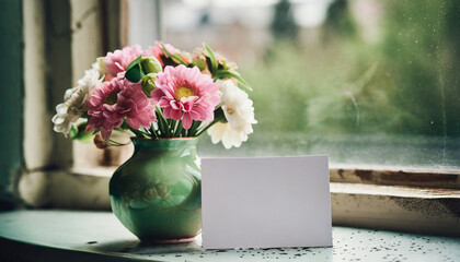 Miniature ceramic vase with green, pink flowers, blank card mockup on window sill, old wooden window